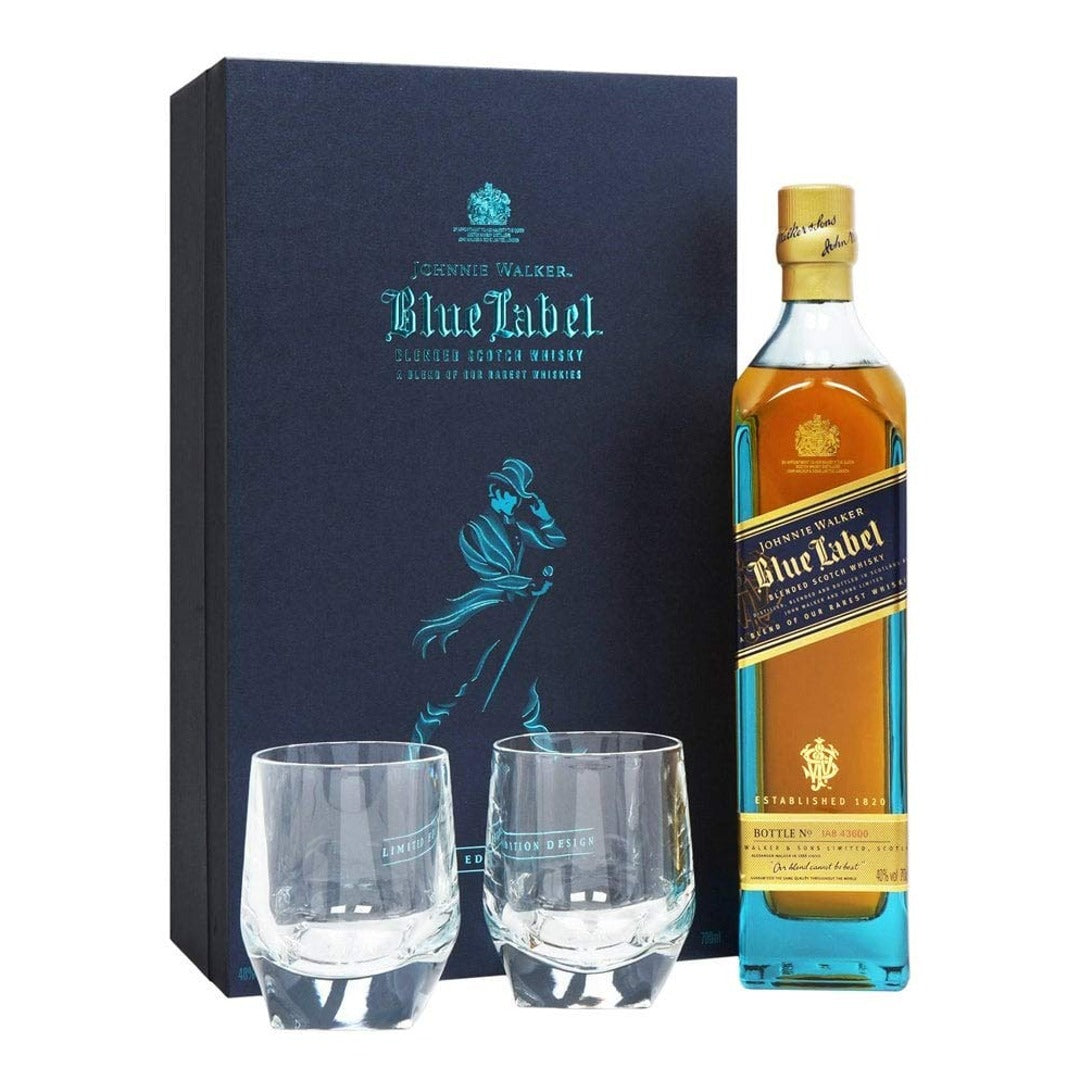 JOHNNIE WALKER BLUE LABEL 75CL X 2 CRYSTAL GLASSES GIFT PACK GoBooz